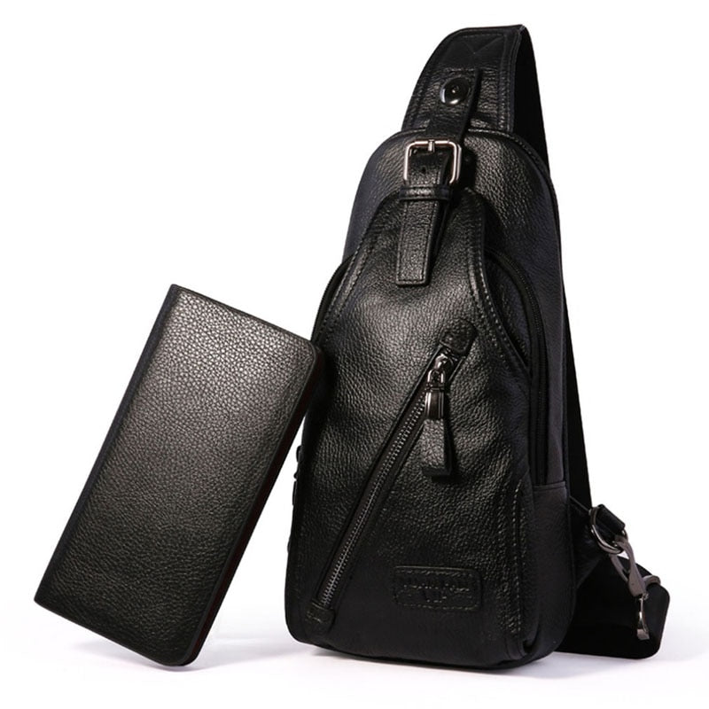 Men High Quality Genuine Leather Cowhide Fashion Chest Pack Sling Back Pack Riding Cross Body Messenger Single Shoulder Bag