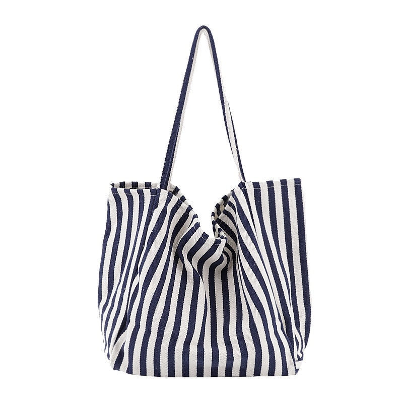 Women Canvas Shopping Bags Large Capacity Grocery Bag Shoulder Bags Handbag Tote Bag Casual Ladies Striped Shoulder Bag