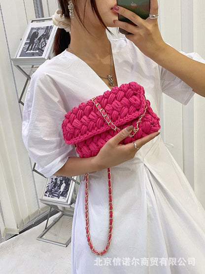 Fashion Rope Woven Shoulder Crossbody Bags for Women Chains Knitting Handbag String Square Bag Small Braided Flap Phone Purses