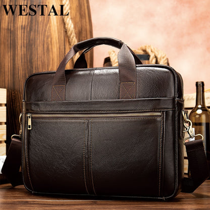 WESTAL Men&#39;s Briefcases Messenger Bag Men&#39;s Genuine Leather 14&#39;&#39; Laptop Bag Man Leather Office Business Bags for Document 8572