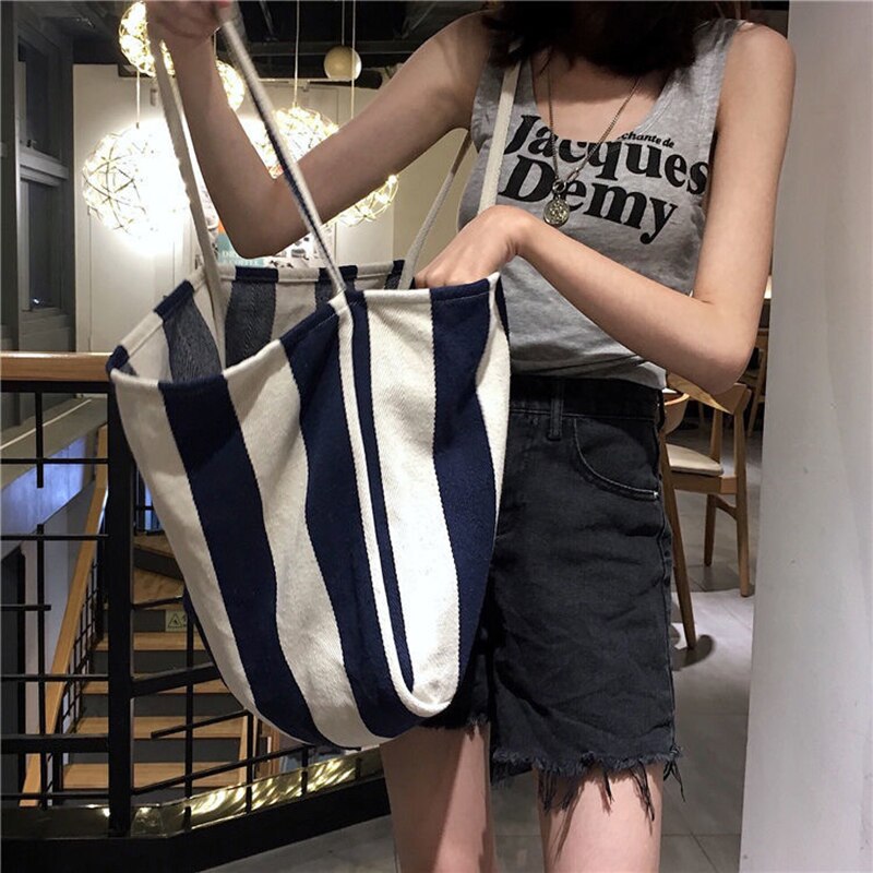 Women Canvas Shopping Bags Large Capacity Grocery Bag Shoulder Bags Handbag Tote Bag Casual Ladies Striped Shoulder Bag