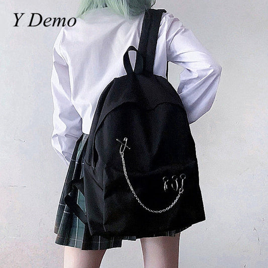 Y Demo Harajuku Punk Canvas Women Backpack Preppy Style Hollow Out Circles Chains Black Bag Techwear Tide