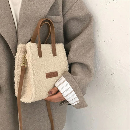 Women Winter Shoulder Bag Lamb Wool Warm Soft Autumn Ins Square Cross-body Portable Casual Self-made Hand-Woven Bag Material Bag