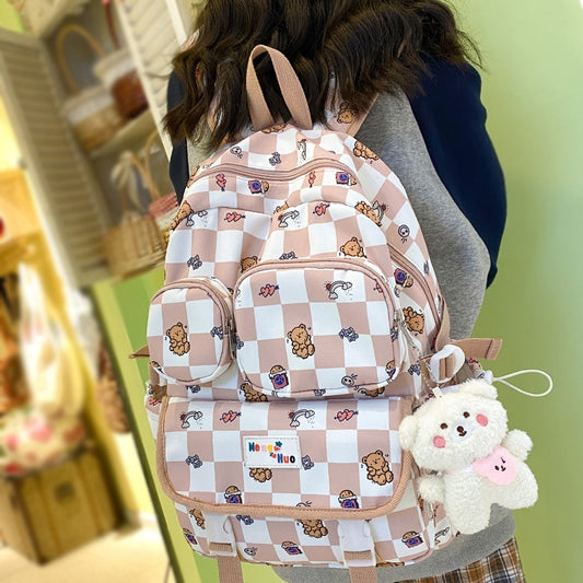 Waterproof Kawaii Cartoon Print Lady Lattice Bag Women Plaid Backpack Travel Fashion Female Laptop College Girl Cute School Bags