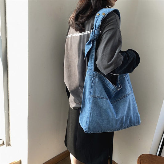 Jeans Bag Wide Shoulder Strap Denim Tote Bag Casual Handbag For Women Designer Simple Shoulder Bags Soild Crossbody Bag New