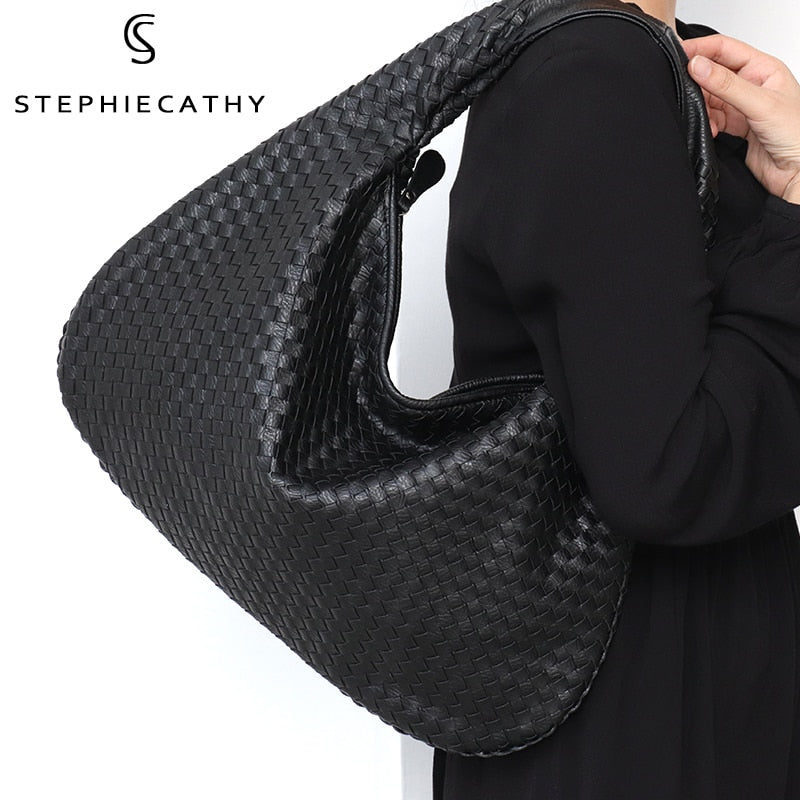 SC Brand New Vegan Leather Hobo Bag Handmade Woven Casual Female Handbag Big Capacity Patchwork Zipper Women Shoulder Bags