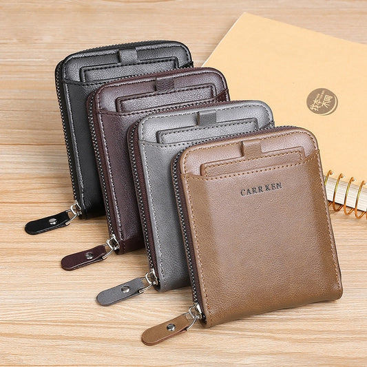 Men&#39;s wallet made of leather Wax oil skin purse for men Coin Purse Short Male Card Holder Wallets Zipper Around Money Bag