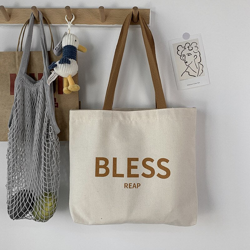 Women Student Canvas Shoulder Shopper Bag Large &quot;Bless&quot; Letter Cotton Cloth Ladies Handbag Eco Reusable Shopping Bag