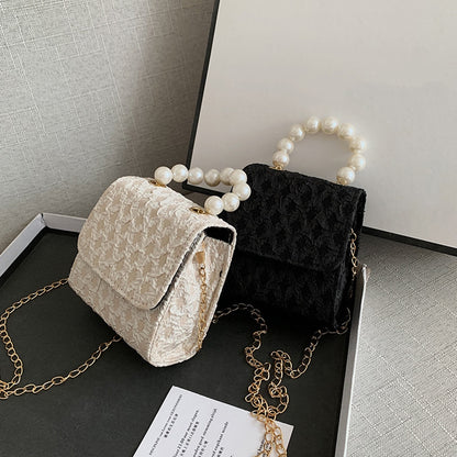 Women Mini Pearl Chain Crossbody Bag Fashion Lace Solid Color Shoulder Bags Female Casual Small Messenger Bag Top Handle Handbag