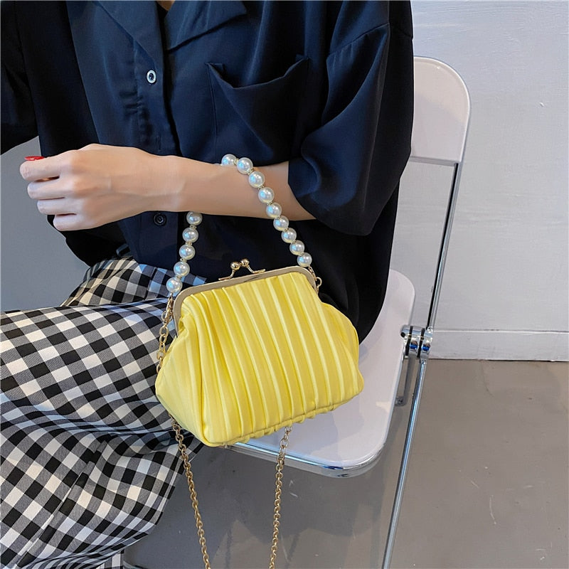 High Quality Striped Chain Leather Shoulder Crossbody Bags for Women Ladies Beaded Handbag Fashion Messenger Bag Sac A Main