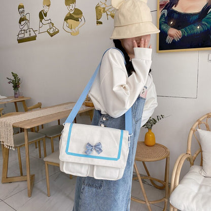 Simple Casual Little Bow Girl Canvas Messenger Bag JK Uniform Women Japanese Style School Shoulder Bag Satchel