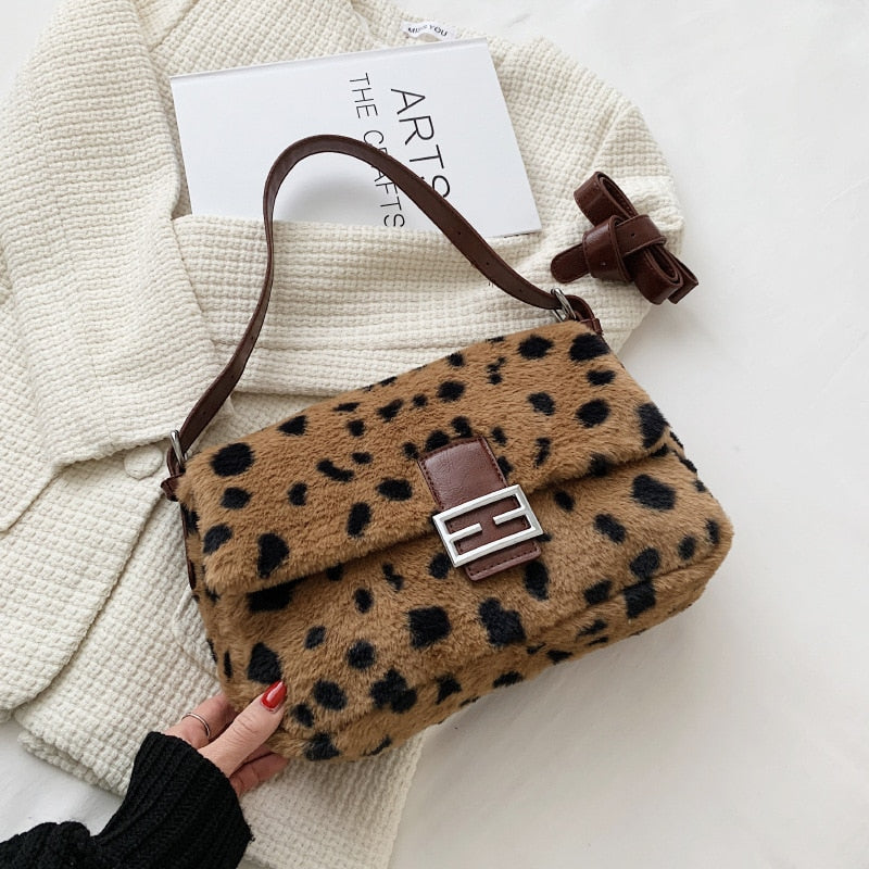 Leopard Pattern Faux Fur Shoulder Bags for Women Brand Designer Soft Plush Handbags Female Crossbody Purses