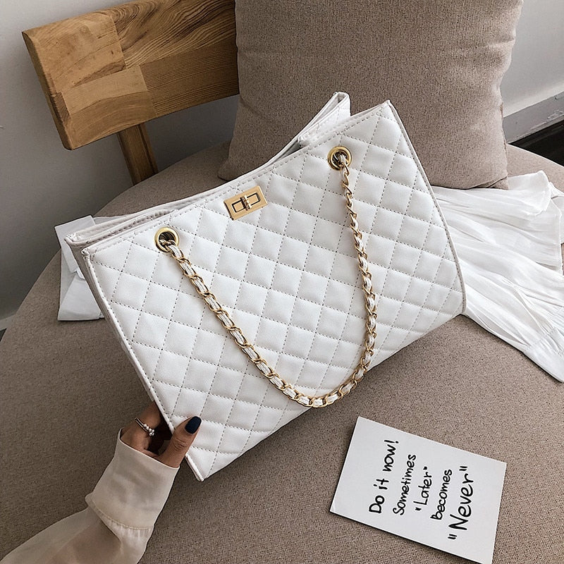 Fashion Silver Plaid Shoulder Women&#39;s Bag Luxury Leather Shopper Crossbody Bag Lattice Messenger Handbag Lady Big Chain Tote Bag