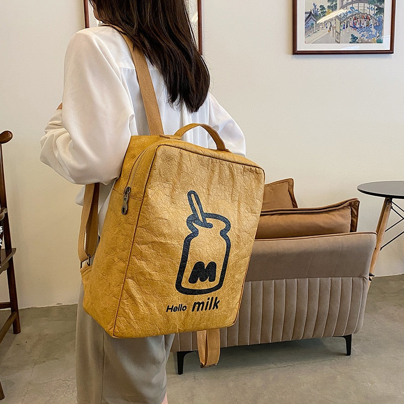 DCIMOR New Kraft Paper Coated Women Backpack Female Cartoon Printing Portable Travel Bag Teenage Girl Square Schoolbag Bookbag