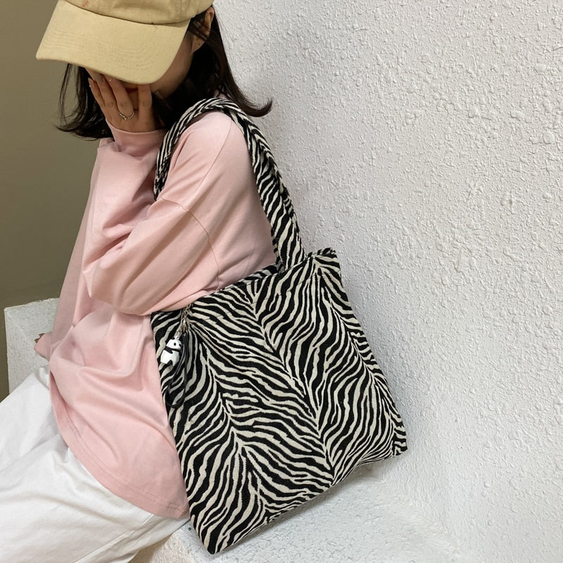 Black Zebra Striped Women Shoulder Bags Shopper Large Capacity Canvas Bag Students Vintage Stylish Simple Underarm School Pouch