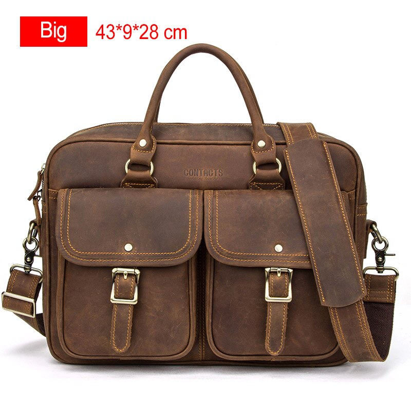 CONTACT&#39;S Business Men Briefcase Bag Crazy Horse Leather Shoulder Messenger Bag Quality Office Tote Handbags for 15.6&quot; Laptop