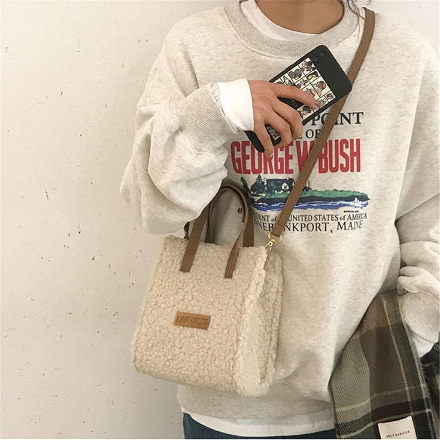 Women Winter Shoulder Bag Lamb Wool Warm Soft Autumn Ins Square Cross-body Portable Casual Self-made Hand-Woven Bag Material Bag