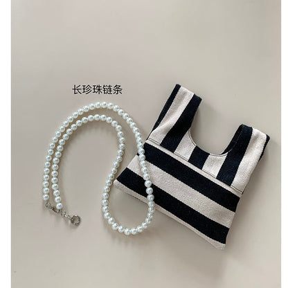 Shoulder Bags Women Vintage Striped Canvas Bag Pearls Beading Cross Body Cute Korean Style Design Handbags Female Elegant Chic