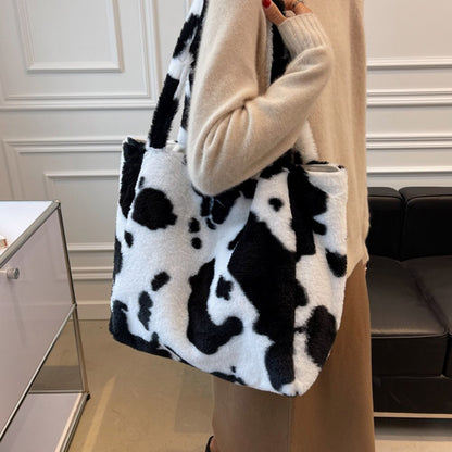 Fashion Plush Cow Milk Print Shoulder Bag Women Casual Large Capacity Shopping Bags Female Autumn Winter Tote Handbags