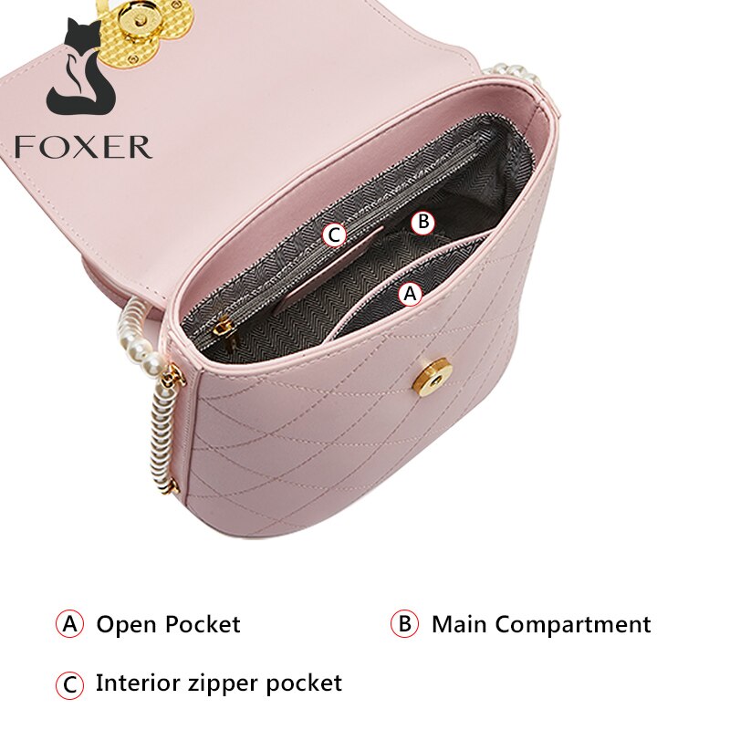 FOXER Women Single Shoulder Mobile Phone Bag Split Leather Beaded Bucket Bag Ladies Fashion Lattice Messenger Bag For Lover Gift