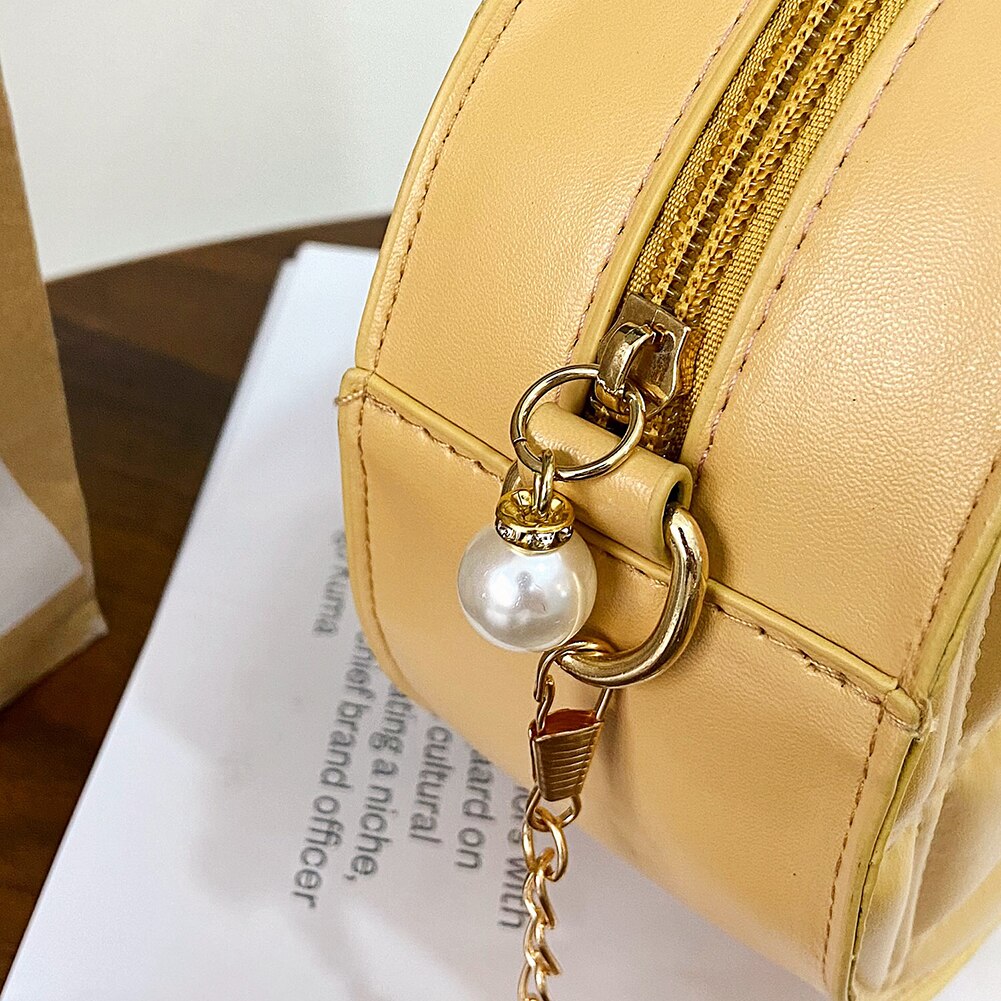 Simple Female Solid Color Crossbody Bags Small Plaid PU Leather Shopping Handbags Ladies Round Shape Chain Shoulder Bags