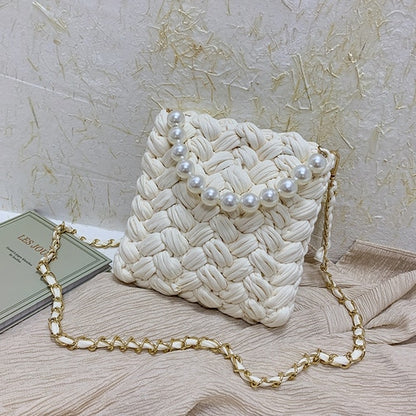 purses and handbags Handmade Cotton Crochet Women's Bag Pearl Chain Mini Portable Shoulder/Crossbody Bag