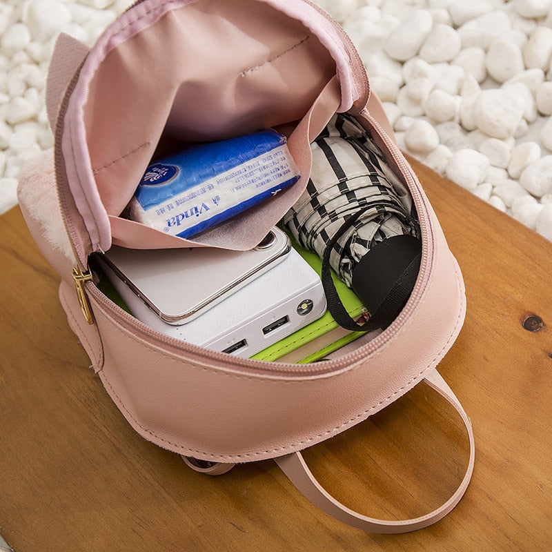 Cute Cartoon Cat Ears mini Backpack Girl Schoolbag PU Plush Women bookbag korean School Backpack