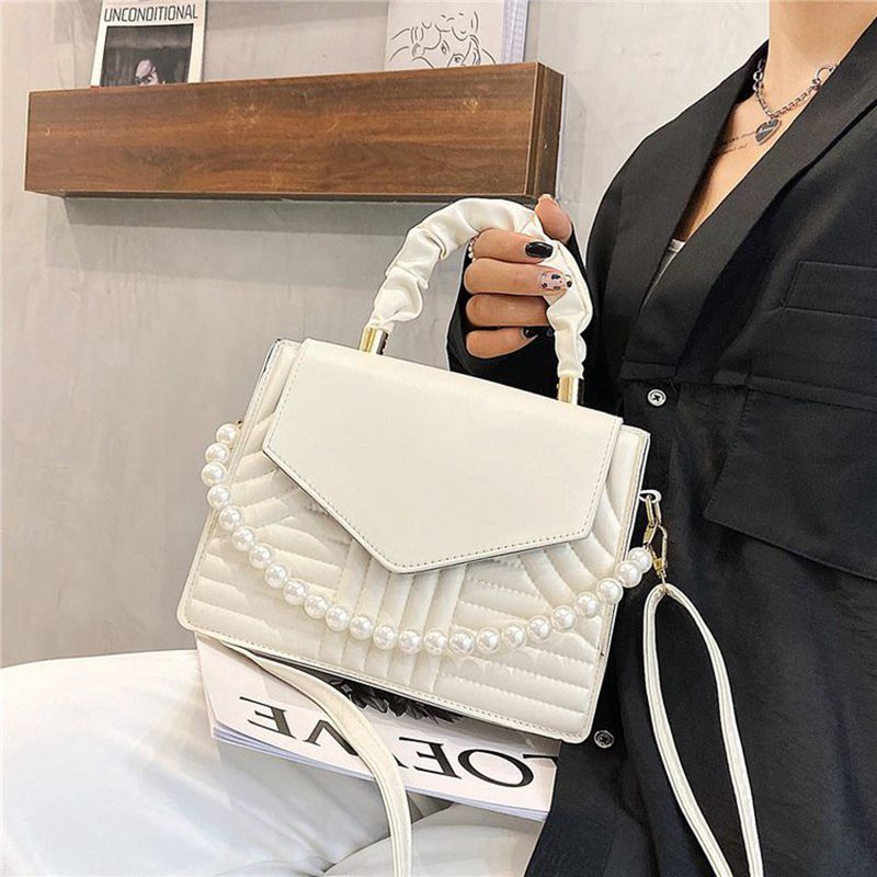 Women Pearl Chain Purse Lattice Clutch Small Crossbody Shoulder Bag with Strap Leather Crossbody Bags For Women Top Handle Bag