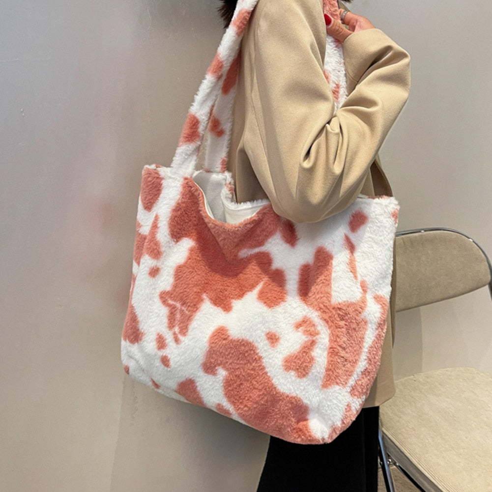 Fashion Plush Cow Milk Print Shoulder Bag Women Casual Large Capacity Shopping Bags Female Autumn Winter Tote Handbags