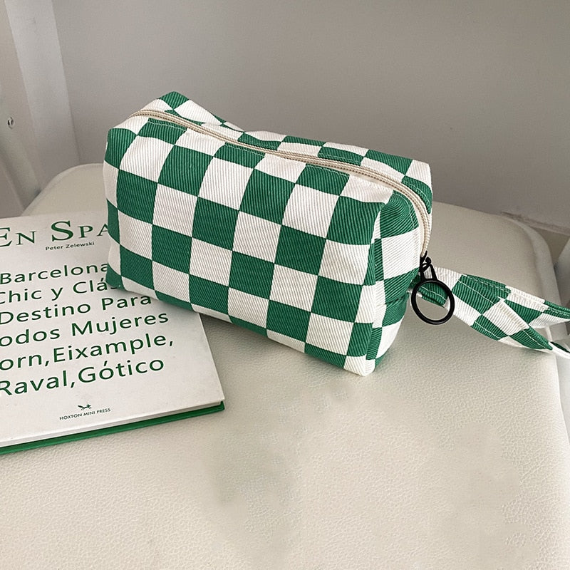 Chess &amp; Leopard Print Makeup Bag Cotton Canvas Women Zipper Cosmetic Organizer Cute Wrist Make Up Pouch Portable Toiletry Case