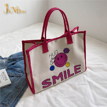 NEW Casual Canvas Women Cute Smile Handbag Large Capacity Handle Bag Shopping Tote Bag Fashion Simple Shoulder Bag Environmental