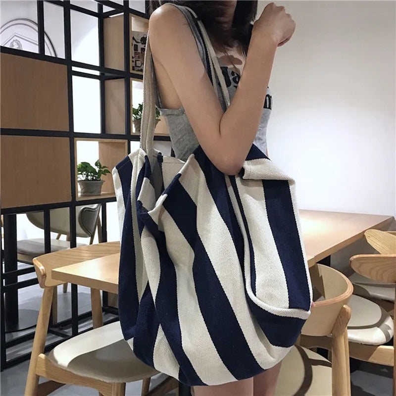 Women Canvas Shopping Bags Large Capacity Grocery Bag Shoulder Bags Handbag Tote Bag Casual Ladies Striped Shoulder Bag