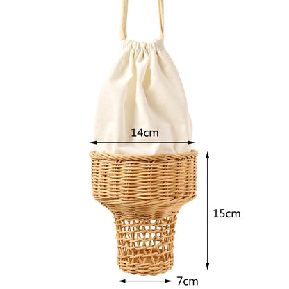 Funny Ice Cream Shape Rattan Bag Designer Hollow Wicker Women Shoulder Bags Handmade Woven Summer Crossbody Bag Chic Small Purse