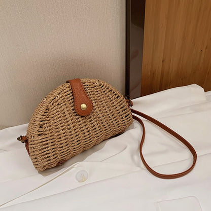 Women Straw Woven Semicircle Bags Handmade Rattan Dumpling Shoulder Bag Female Summer Beach Small Crosbody Vacation Purses