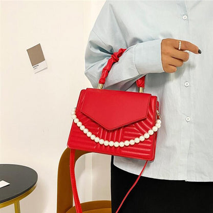 Women Pearl Chain Purse Lattice Clutch Small Crossbody Shoulder Bag with Strap Leather Crossbody Bags For Women Top Handle Bag