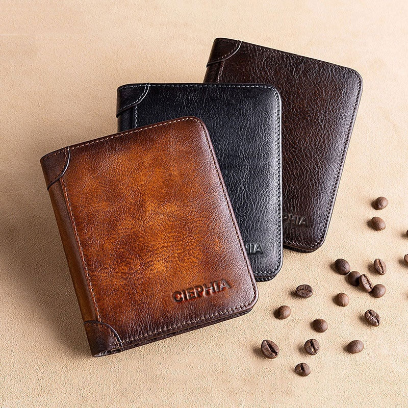 New Genuine Leather Rfid Wallets for Men Vintage Thin Short Multi Function ID Credit Card Holder Money Bag