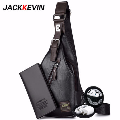 JackKevin Men&#39;s Fashion Crossbody Bag Theftproof Rotatable Button Open Leather Chest Bags Men Shoulder Bags Chest Waist Pack