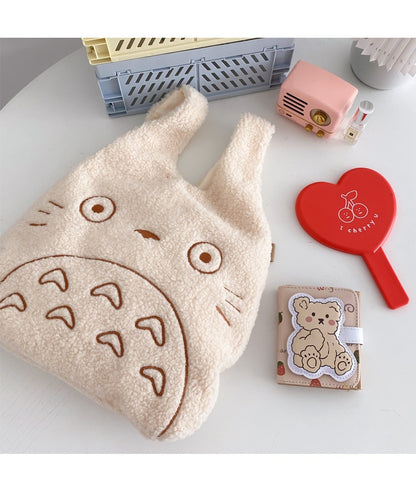 Cartoon Totoro Embroidery Lamb Fabric Handbag for Women Girls Japan INS Shoulder Bag Tote Bag Soft Fur Shopper Bag