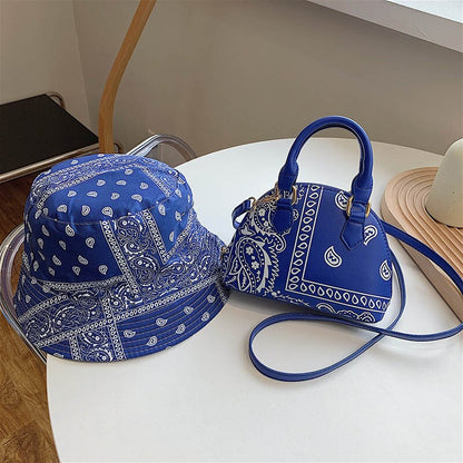 Fashion PU Leather Small Crossbody Shoulder Bag For Women Luxury Handbags Ladies Cashew Flower Fisherman&#39;s Hats and Handkerchief