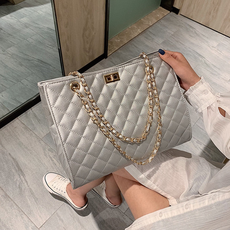 Fashion Silver Plaid Shoulder Women&#39;s Bag Luxury Leather Shopper Crossbody Bag Lattice Messenger Handbag Lady Big Chain Tote Bag