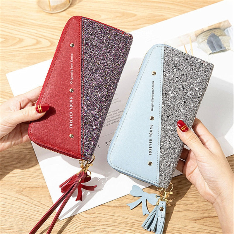 Fashion Women&#39;s Pu Leather Long Wallets Sequins Patchwork Glitter Wallet Coin Purse Female Wallets Girls Gifts Wholesale