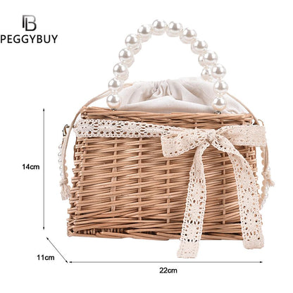 Casual Summer Rattan Woven Women Shoulder Crossbody Bags Fashion Pearl Chain Basket Drawstring Ladies Small Top-handle Handbags