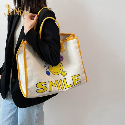 NEW Casual Canvas Women Cute Smile Handbag Large Capacity Handle Bag Shopping Tote Bag Fashion Simple Shoulder Bag Environmental