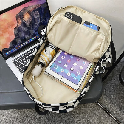 DCIMOR Fashion Plaid Women Backpack Men Cool Nylon Travel Bag Unisex Letter Printing Schoolbag College Girls Kawaii Bookbag Boys