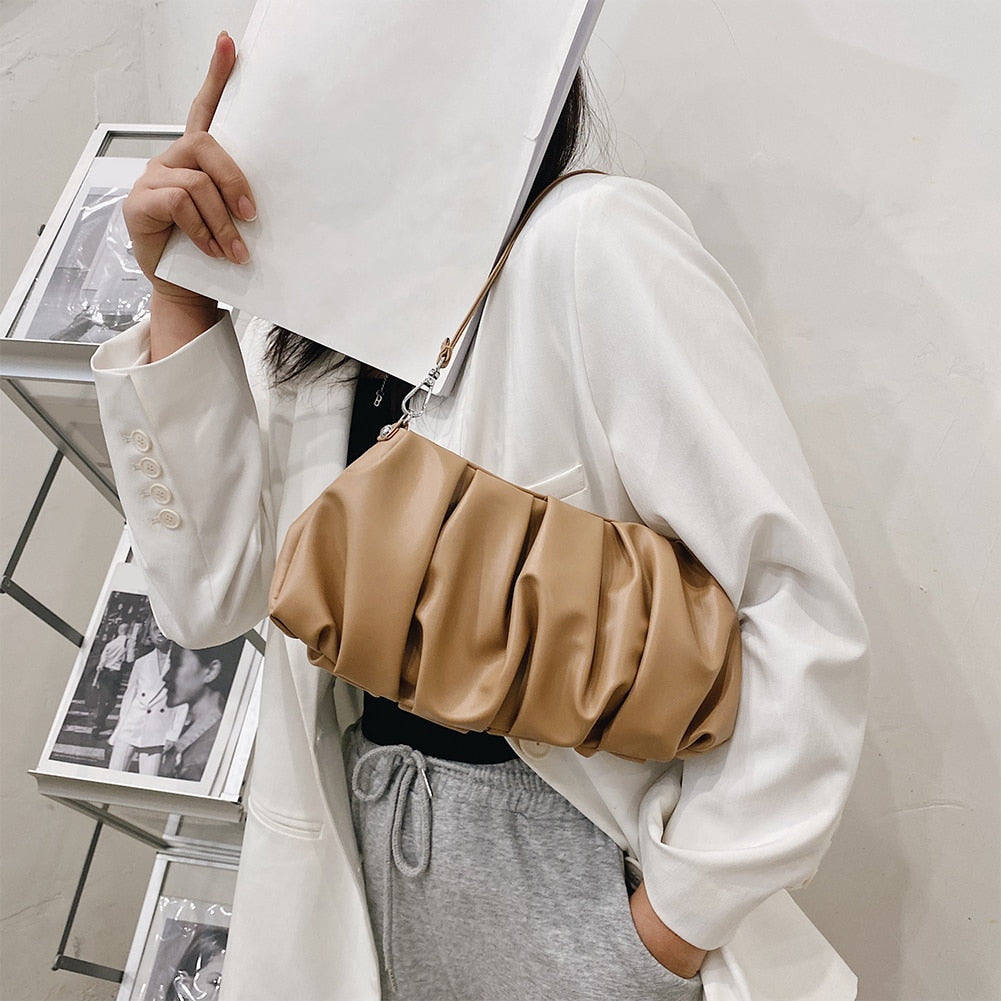 Pleated Fashion PU Leather Underarm Shoulder Bags for Women Casual Solid Color Small Cloud Handbags Ladies Daily Shoulder Bags