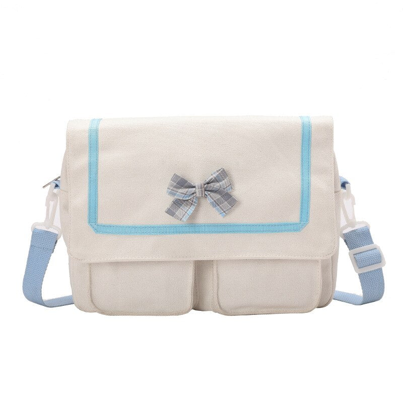 Simple Casual Little Bow Girl Canvas Messenger Bag JK Uniform Women Japanese Style School Shoulder Bag Satchel