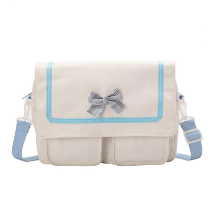 Simple Casual Little Bow Girl Canvas Messenger Bag JK Uniform Women Japanese Style School Shoulder Bag Satchel