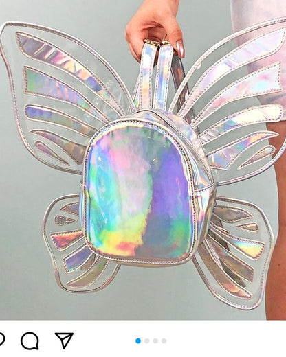 Fashion Women&#39;s Laser Mini Backpack Butterfly Angel Wings Daypack for Girls Travel Casual Daypack School Bag Holographic Leather