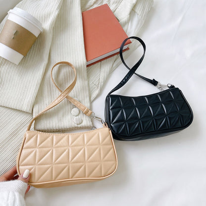 Fashion Women Embossed Geometric PU Leather Shoulder Handbag Checker Pattern  Underarm Bag Casual Ladies Solid Color Small Purse