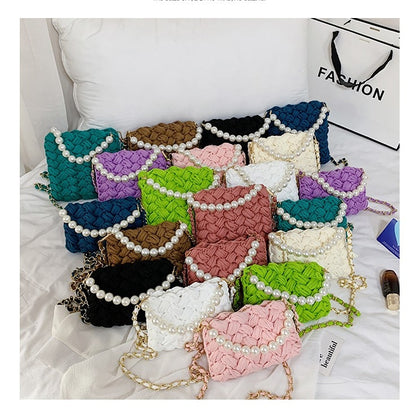 purses and handbags Handmade Cotton Crochet Women's Bag Pearl Chain Mini Portable Shoulder/Crossbody Bag